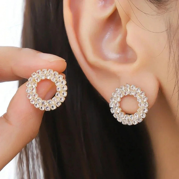 Yellow Gold Women's Elegant Geometric Circle Shaped Rhinestone Stud Earrings - Picture 1 of 5